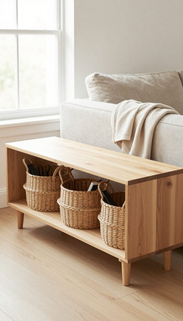 A low-profile media console with woven baskets in a small, bright living room
