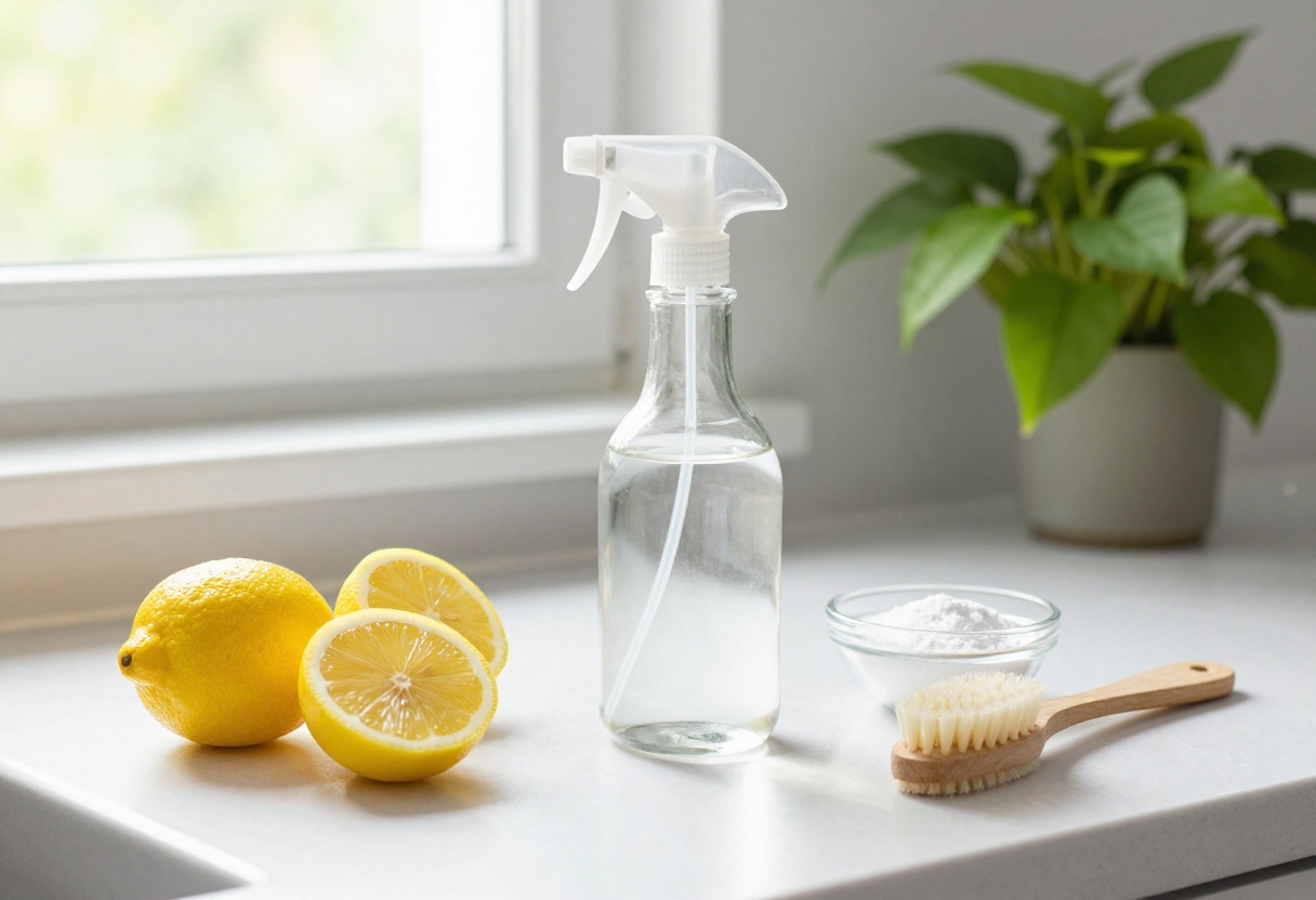 Homemade cleaning supplies on a kitchen counter including a spray bottle with vinegar and lemons, baking soda, and a brush