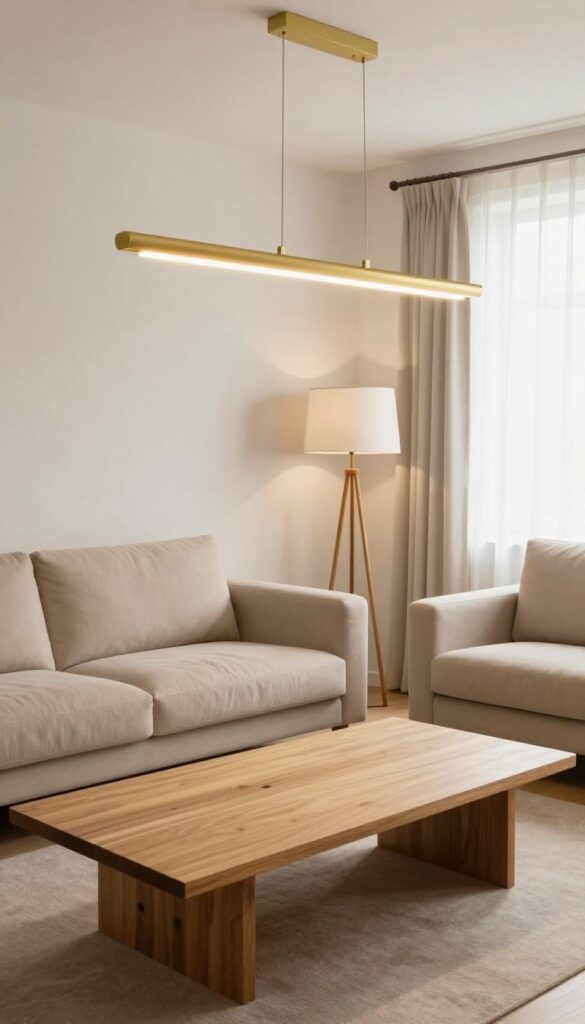 Rectangle living room with pendant light over coffee table and floor lamp in background