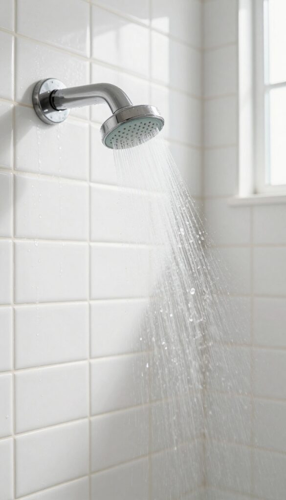 Close-up of a shower tile wall being pre-rinsed with warm water from a handheld showerhead, bright natural light, clean grout lines.