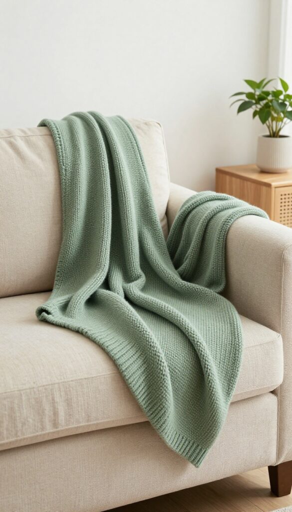 Sage green chunky knit throw blanket draped over a beige sofa in a bright living room