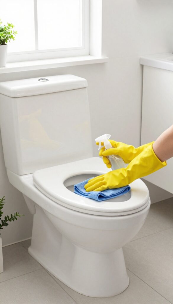 Cleaning the toilet exterior and seat with a microfiber cloth and disinfectant spray in a bright, modern bathroom