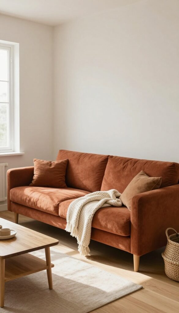 A cozy living room with a rust sofa, cream walls, light wood floors, a chunky knit throw, and a woven basket, bathed in natural light.