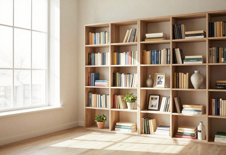Stylish living room bookcase with books, plant, and decor items