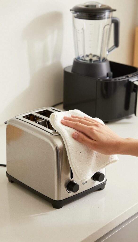 Hand wiping a stainless steel toaster on a clean kitchen countertop