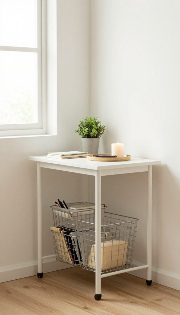 Desk with rolling cart storage in a small living room corner