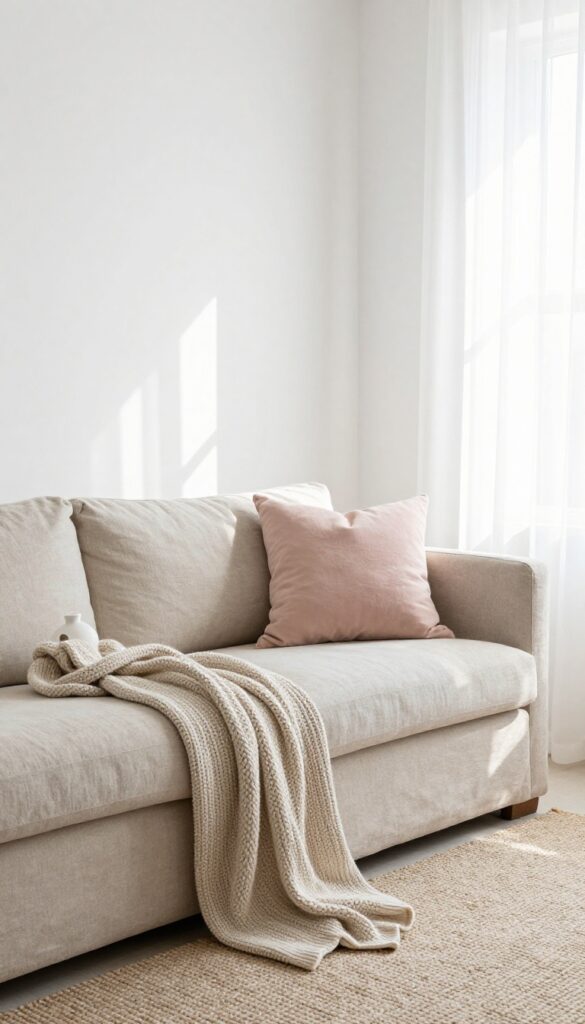 Light monochromatic narrow living room with soft white, beige, and pale grey tones, natural light, and textured accessories