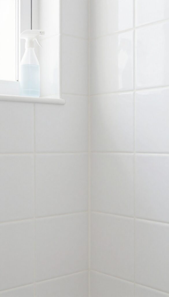 Hydrogen peroxide spray bottle near mildew spots on shower grout
