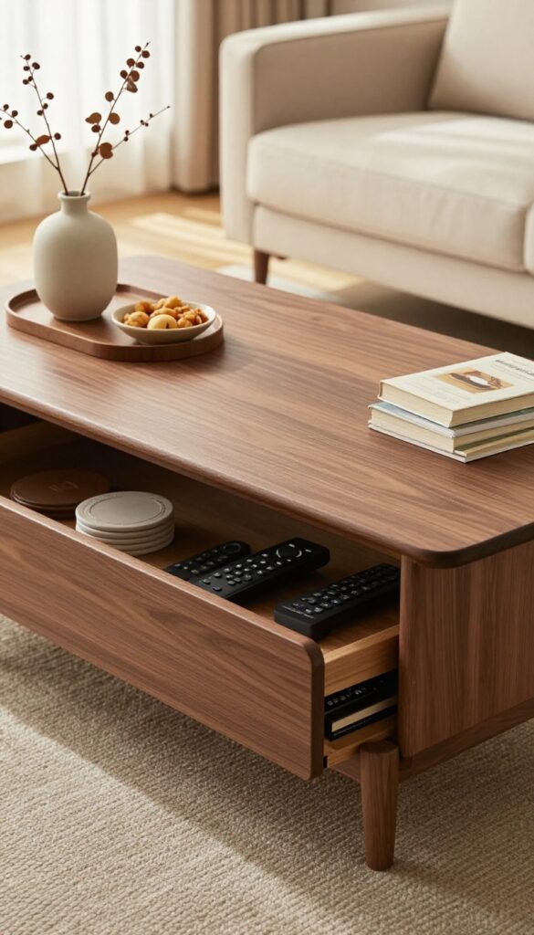Modern lift-top coffee table with hidden storage, warm wood tones, and styled with a tray, vase, and books in a bright living room.