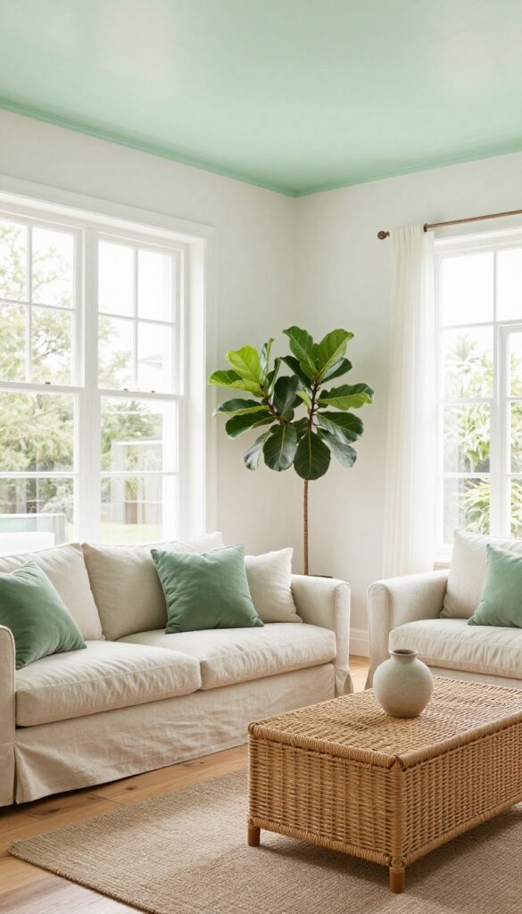 Living room with pale mint green ceiling, neutral walls, natural light, wood floors, linen sofa, rattan table, and green accents.