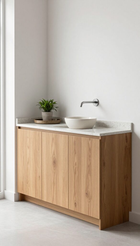 Tall linen cabinet with countertop sink in living room corner, modern storage idea