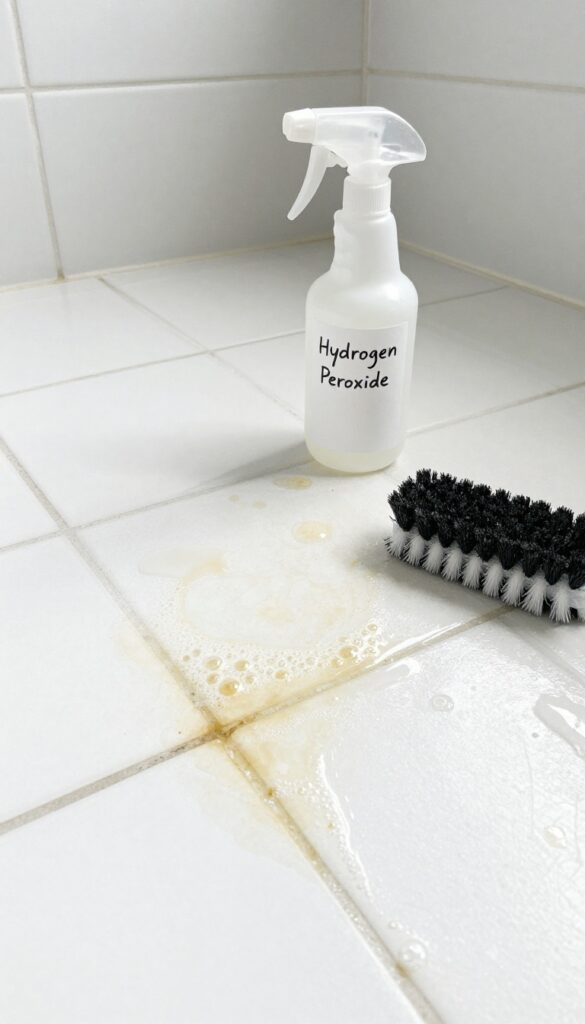 Hydrogen peroxide fizzing on stained shower grout with a scrub brush nearby.