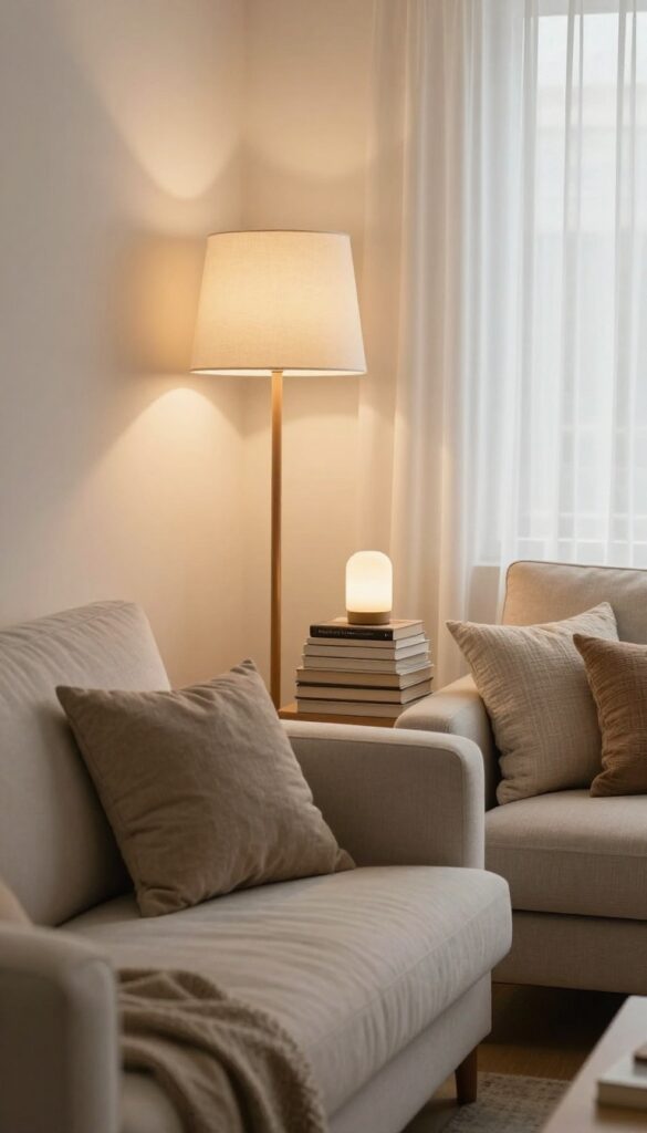 Cozy living room with warm lighting from floor and table lamps, soft glow on neutral sofa and pillows.