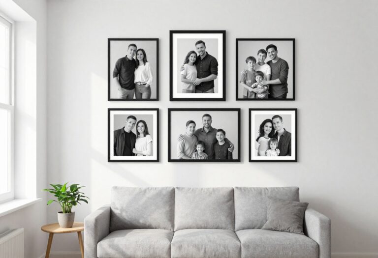 Modern living room with a black-and-white photo wall grid above a light gray sofa and wooden side table.