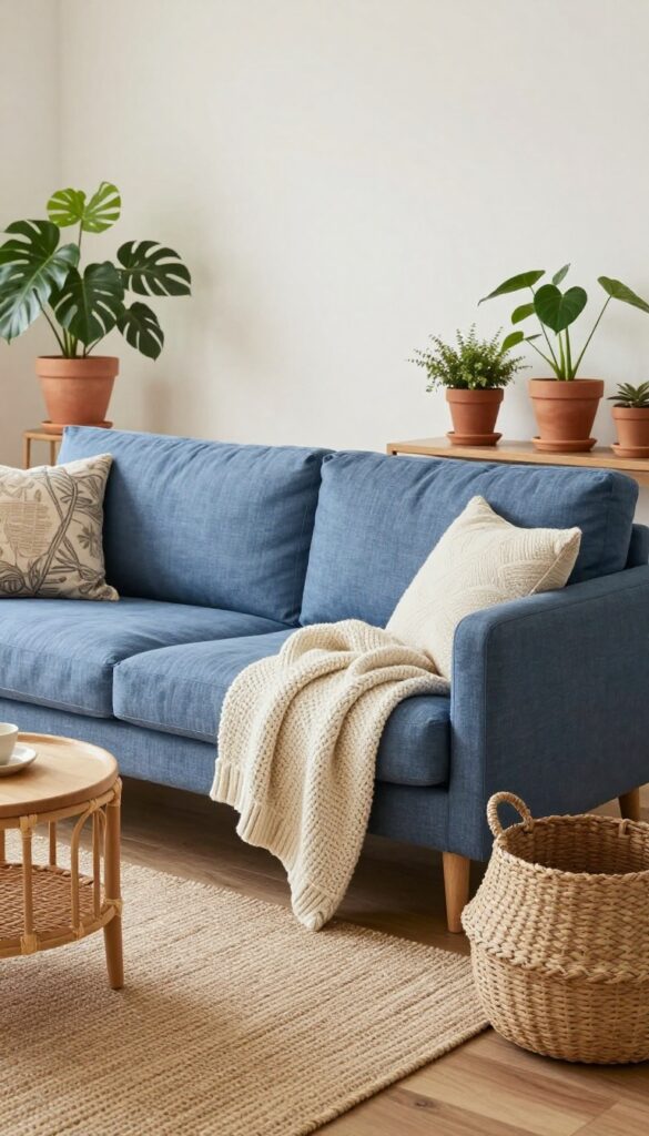 Blue linen sofa with natural fiber rug, rattan tables, and plants in a bright living room