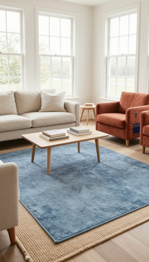 Rectangle living room with layered rugs: large jute rug under sofa and smaller plush rug on top, plus a kilim rug under armchairs near window, creating defined zones.