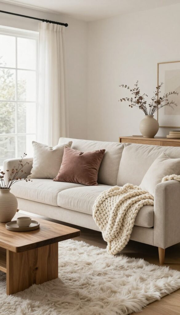 Cozy modern living room with layered textures: chunky knit throw, faux fur rug, velvet pillows, and ceramic vase in neutral tones.