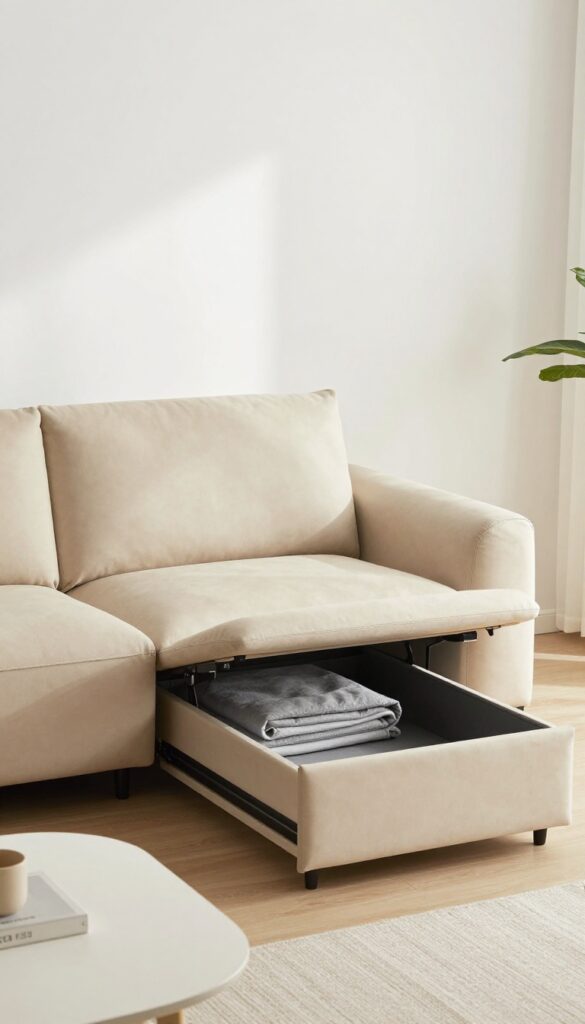 Modern beige sofa with lift-up seat storage, revealing blankets and bins inside, in a bright living room.