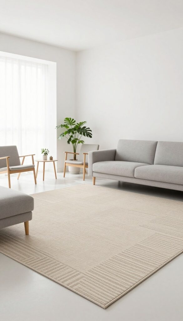 Minimalist living room with a large neutral rug defining the seating area, keeping the space open and airy.