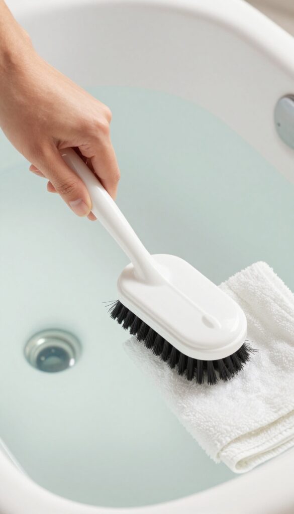 Cleaning jetted tub jet covers with vinegar soak and brush