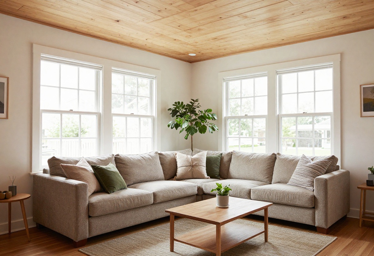 Cozy living room with wood plank ceiling and warm decor