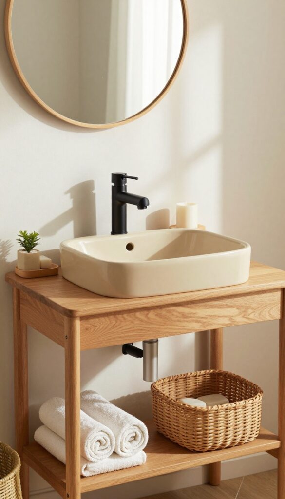 Console table sink with open shelving in a bright, cozy living room