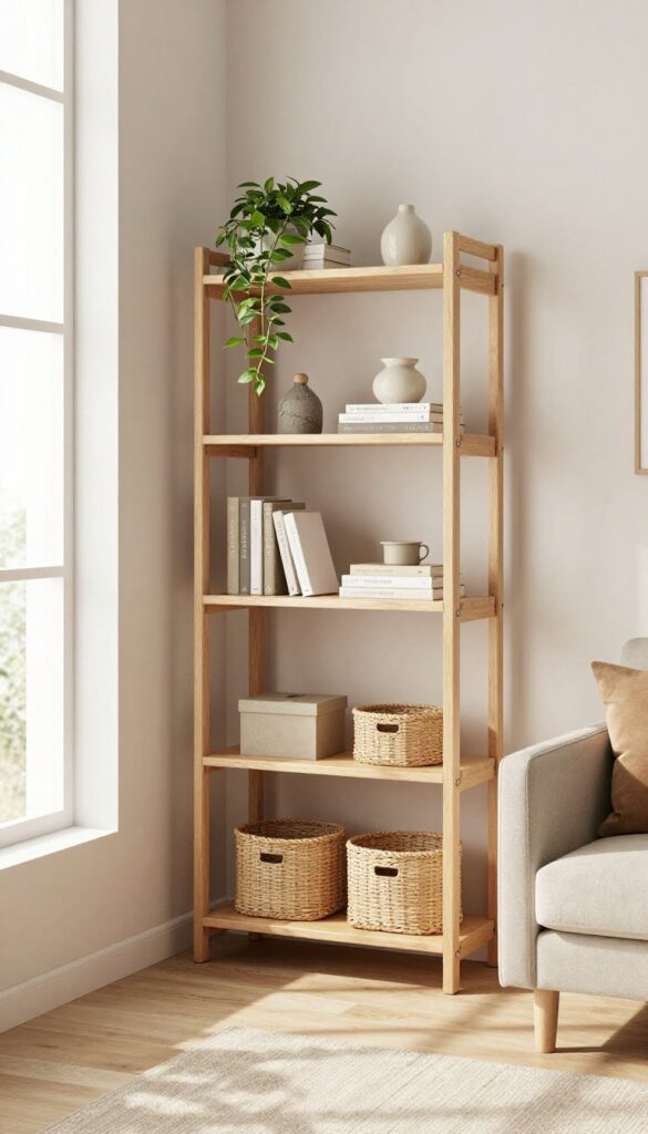 Cozy living room corner with a tall light wood corner shelf unit displaying books, plants, and woven baskets, natural light, relaxed vibe.