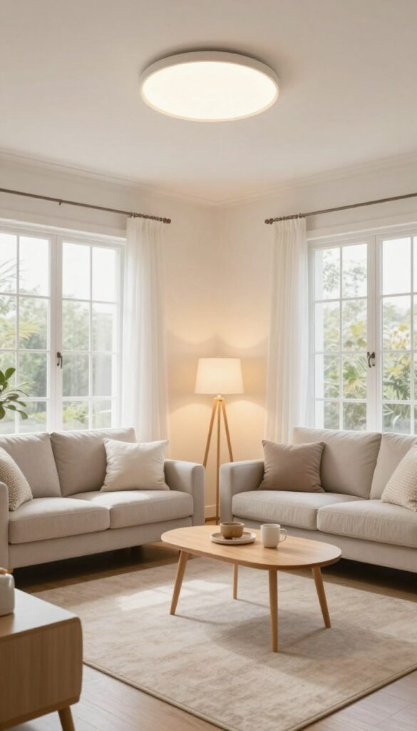Light living room with layered lighting including ceiling light, floor lamp, and table lamp, creating a warm and inviting atmosphere.