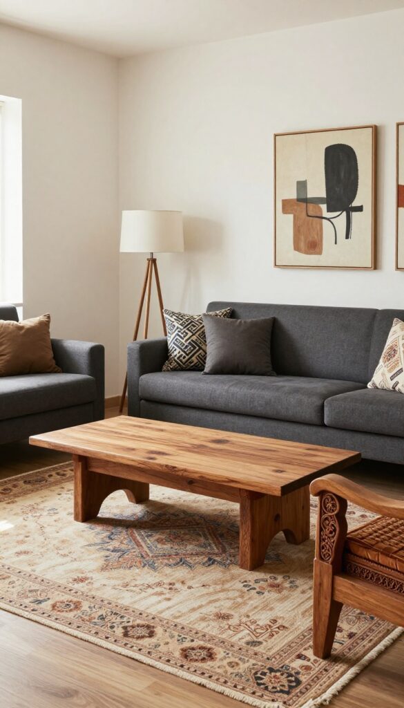Indian living room mixing modern sofa with traditional carved coffee table and vintage rug