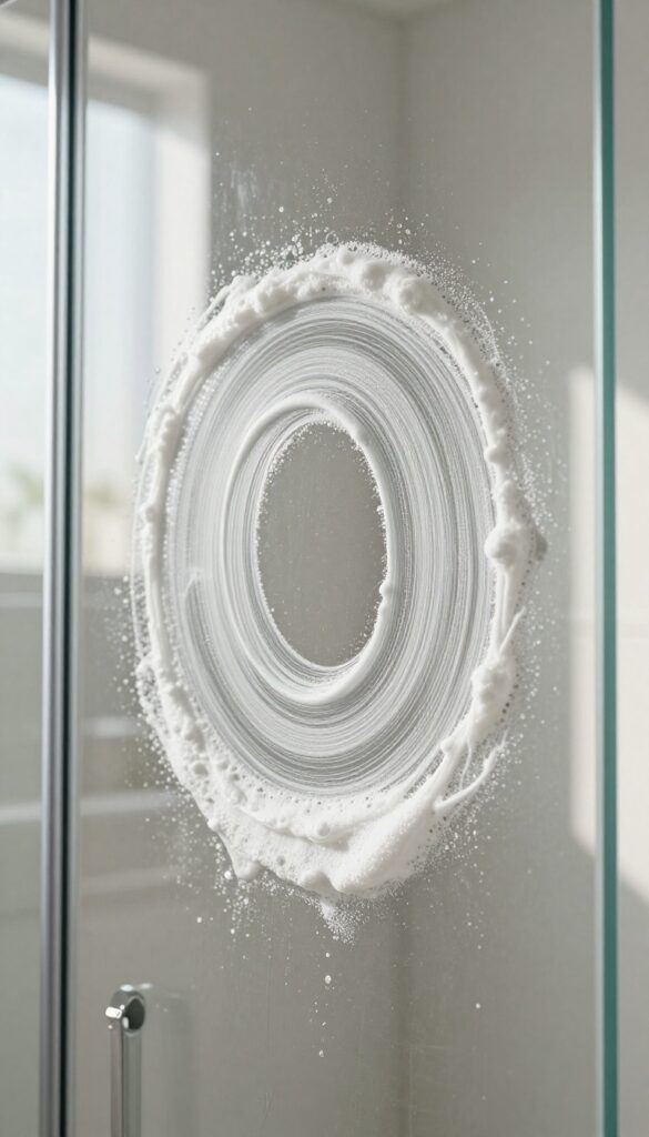 Applying DIY baking soda paste on a glass shower door to remove soap scum