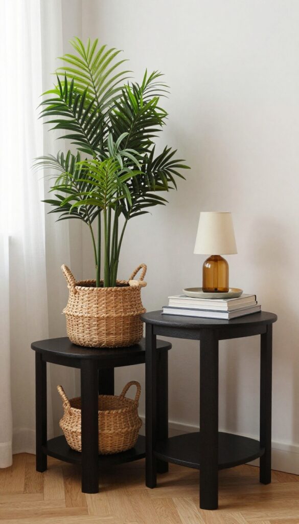 Stacked IKEA LACK side tables as a plant stand with basket and decor in cozy living room corner