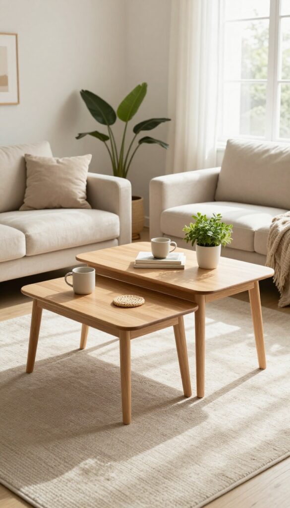 Nesting table set in a bright living room with sofa, rug, and natural light
