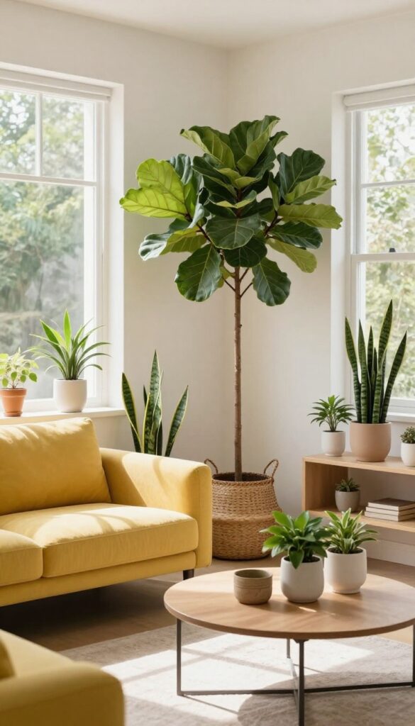 Yellow couch in a bright living room with various houseplants, including a tall fiddle-leaf fig and snake plants, creating a fresh, lived-in feel.