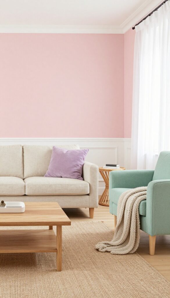 Soft pastel living room with blush pink wall, cream sofa, and natural textures