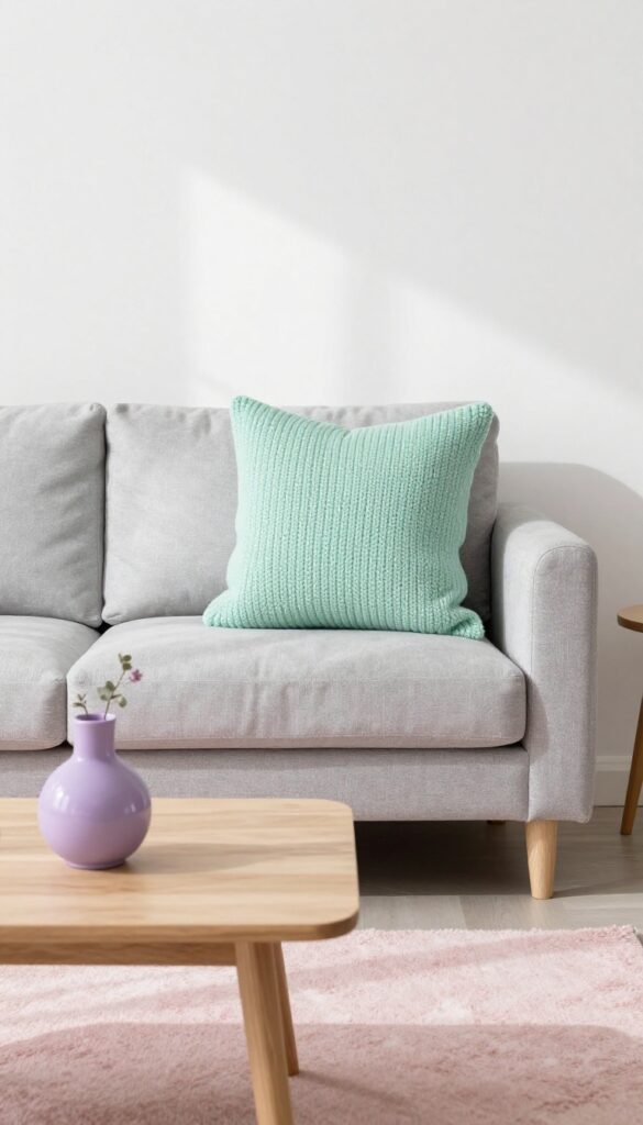 Neutral living room with pastel accents: mint pillow, pink rug, lavender vase