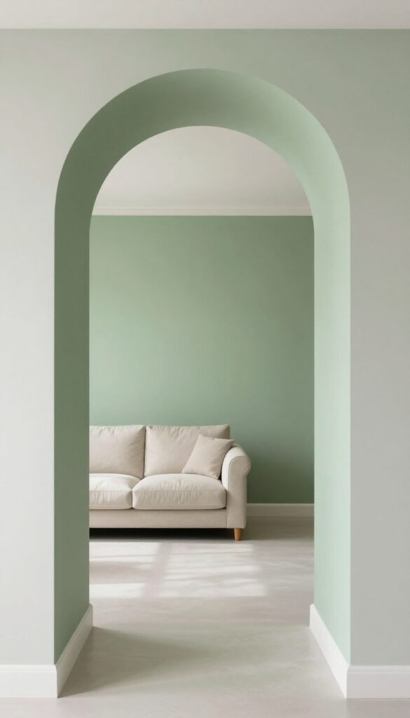 Modern living room archway painted sage green inside, contrasting with white walls, bright natural light, minimalist decor.