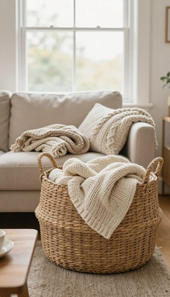 Woven basket filled with chunky knit blankets beside a sofa in a warm living room