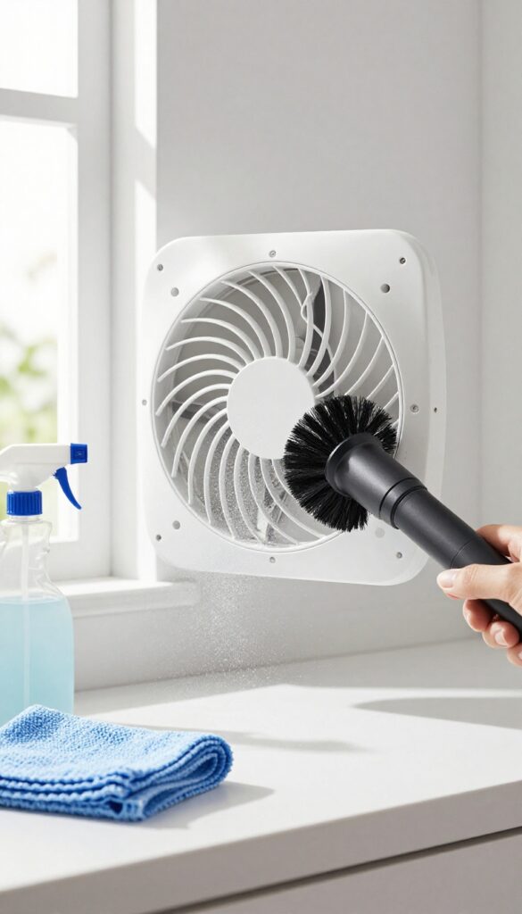 Close-up of cleaning a bathroom exhaust fan grille with a vacuum brush attachment, dust particles visible in natural light.