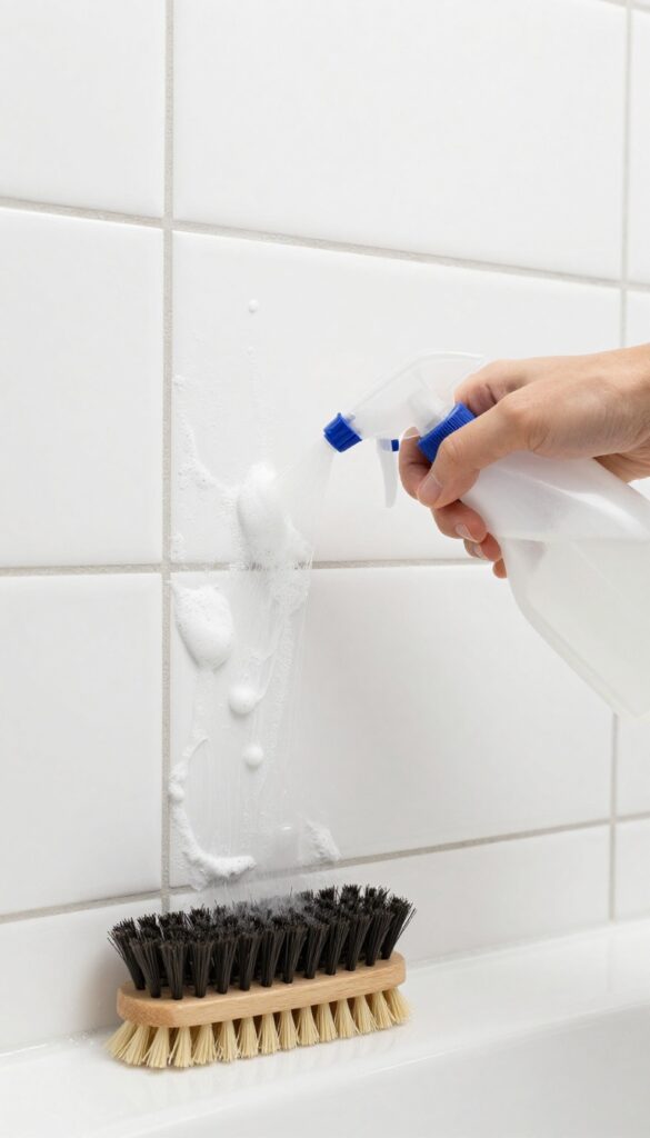 Close-up of a clean tile shower wall with a spray bottle of white vinegar solution and a soft brush, bright natural light, photorealistic