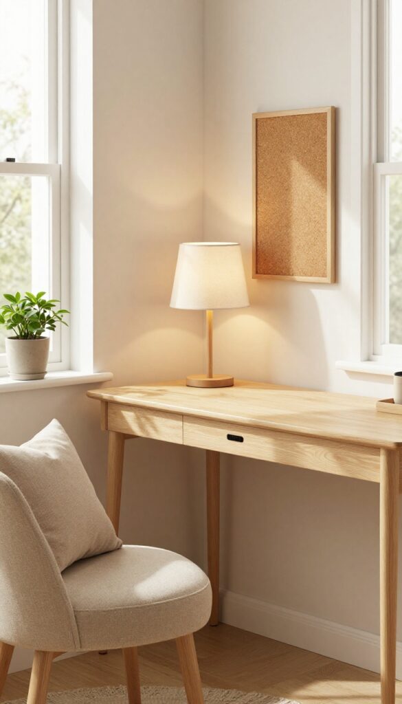 Cozy living room work nook with IKEA TROTTEN desk, warm chair, soft lamp, and plant