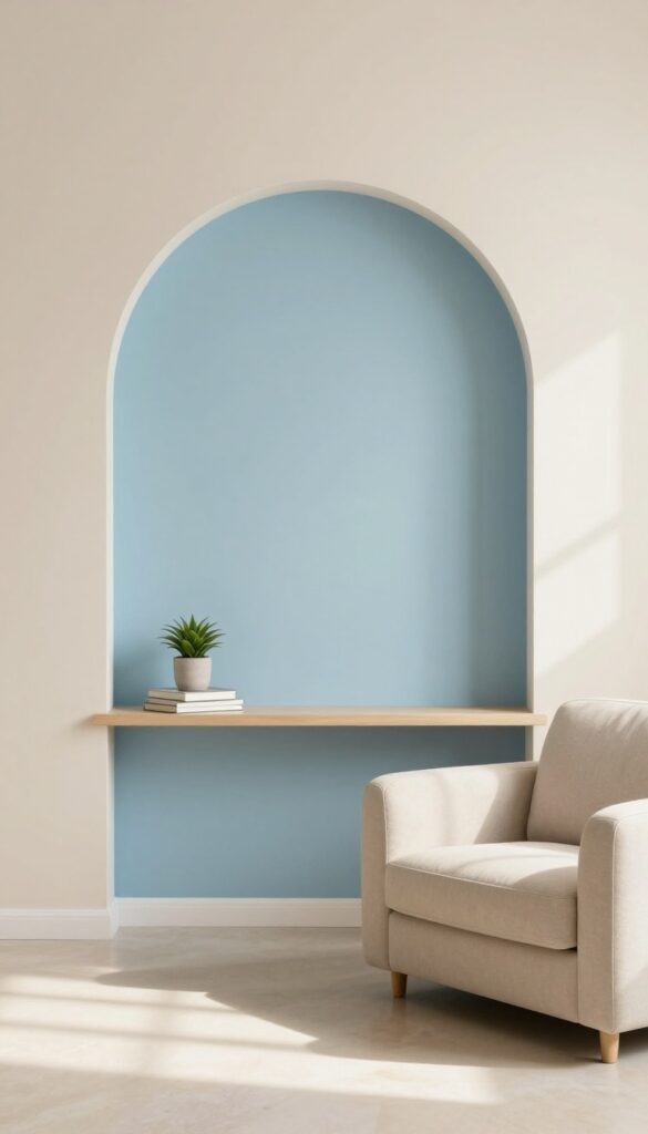 Small living room with a painted arch accent wall behind a console table, bright natural light