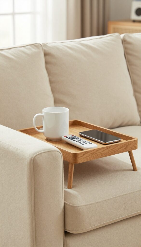 Sofa arm with a wooden caddy tray holding a mug, remote, and phone in a bright living room