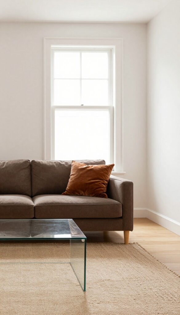 Brown couch on jute rug in small living room with glass coffee table and velvet pillow