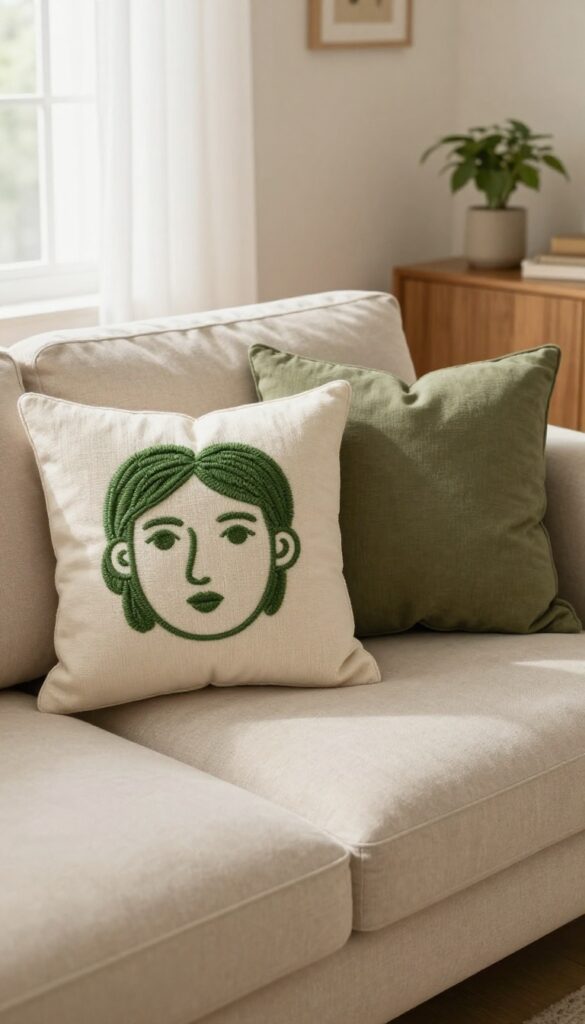 Creeper face accent pillows on a neutral sofa in a warm, lived-in living room.