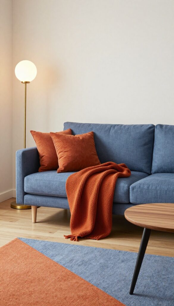 Slate blue sofa with burnt orange throw pillows and blanket, brass lamp, and patterned rug in a bright living room