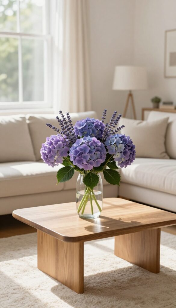 Purple hydrangeas and lavender in a clear vase on a coffee table in a neutral living room