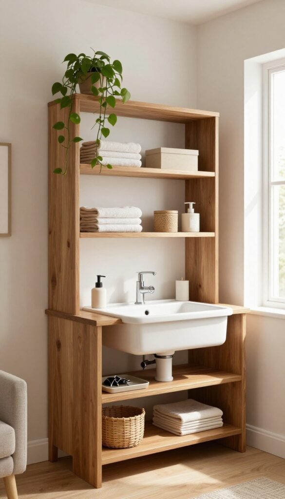 Floor-to-ceiling open shelf unit with integrated sink in a bright living room corner, styled with plants, towels, and baskets.