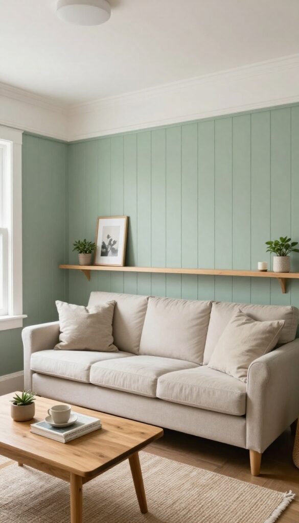 Small living room with beadboard wainscoting painted sage green, chair rail with shelf, sofa and natural light