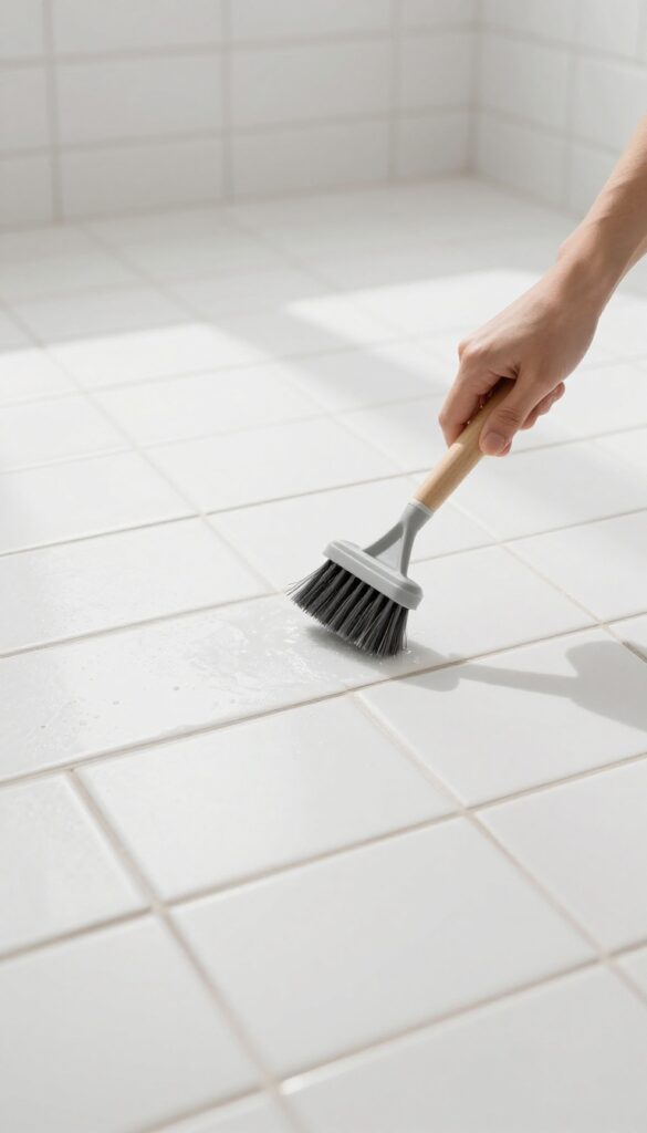 Person using a long-handled grout brush to scrub tile floor grout while standing, bright bathroom with natural light