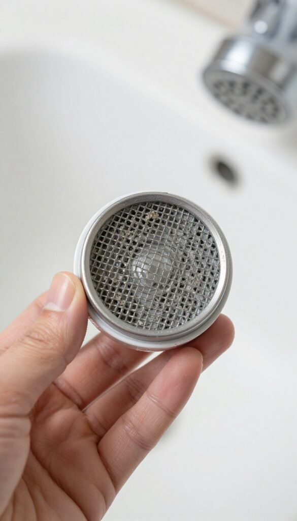 Close-up of a clean shower head filter held in hand, with shower head in background